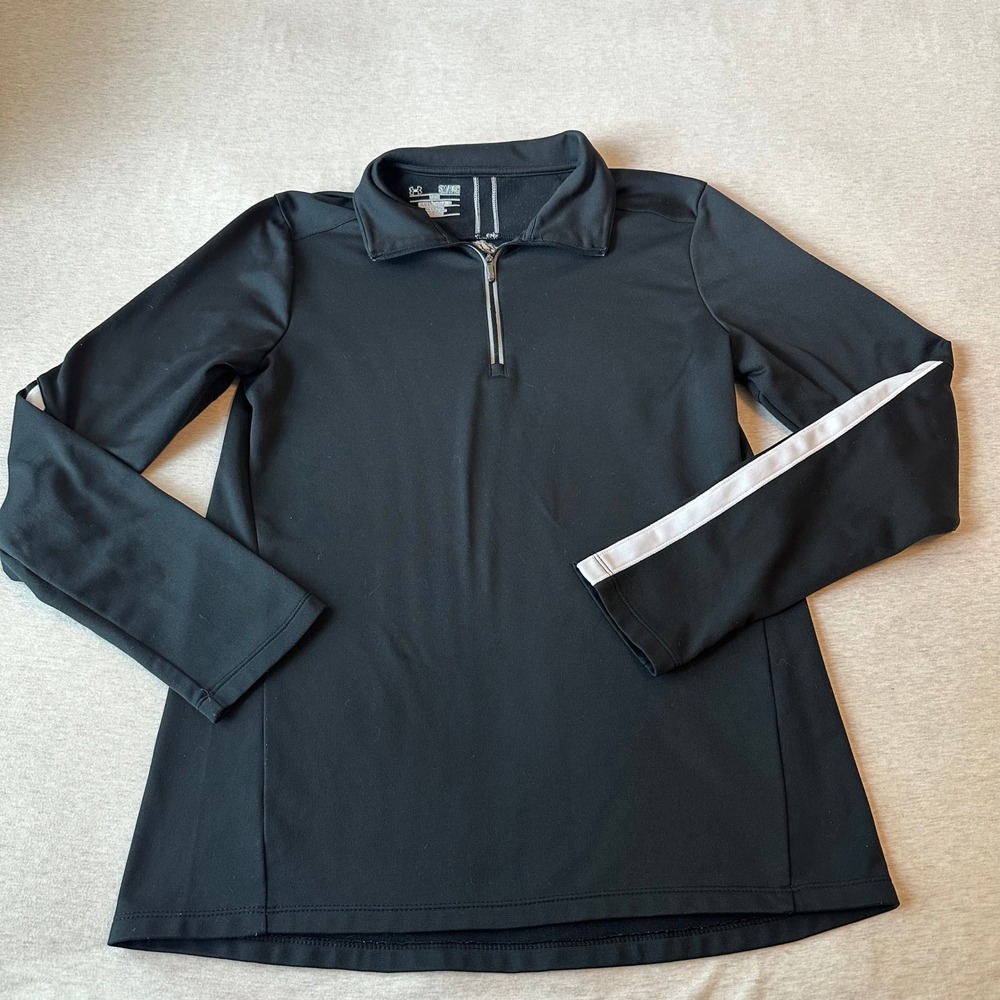 Under Armour Womens Small Black Quarter Zip Pullover White Sleeve Stripe Loose
